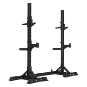Heavy duty adjustable squat rack with barbell supports, weight plate storage pegs and reinforced steel frame for home strength training
