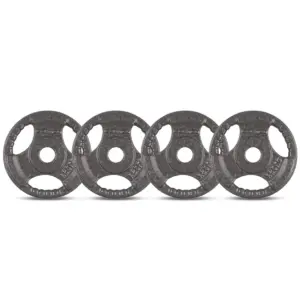 Set of 1.25kg cast iron tri grip weight plates with ergonomic carry handles for barbell, dumbbell and strength training exercises