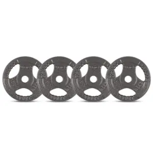 Set of 2.5kg cast iron tri grip weight plates with ergonomic carry handles for barbell, dumbbell and strength training exercises
