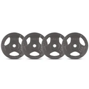 Set of 5kg cast iron tri grip weight plates with ergonomic carry handles for barbell, dumbbell and strength training exercises