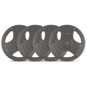Set of cast iron tri grip weight plates with ergonomic handles for barbell, dumbbell and strength training exercises