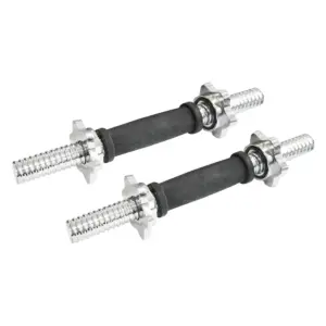 Pair of threaded chrome dumbbell handles with spinlock collars and knurled grips for adjustable strength training workouts