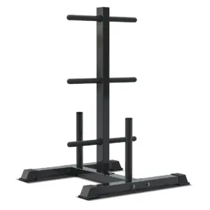 Weight tree for storing 25mm standard weight plates and barbells with integrated bar holders and compact design