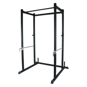Power rack with adjustable J-hooks and chin-up bar for squats, deadlifts, bench press, and home strength training