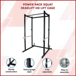 Power rack squat deadlift HD lift cage with adjustable safety spotters, pull up bar and heavy duty steel frame for home gym strength training