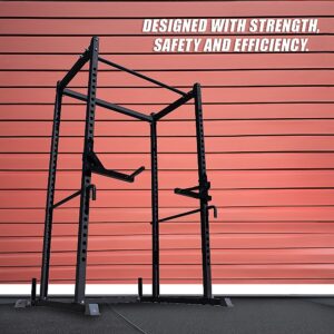 Heavy duty deadlift cage with adjustable safety spotters, pull up bar and reinforced steel frame for home gym strength training