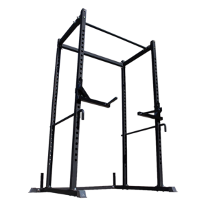 Heavy duty power rack deadlift cage with adjustable J-hooks, safety spotters, pull up bar and reinforced steel frame for home gym strength training