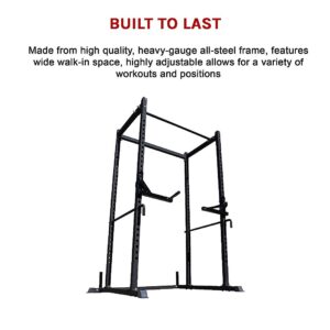 Heavy duty deadlift cage with adjustable safety spotter arms, pull up bar and reinforced steel frame for home gym strength training