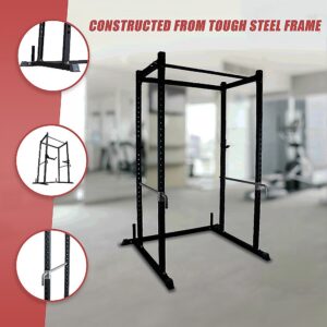 Heavy duty deadlift cage with reinforced steel frame, adjustable safety spotter arms and pull up bar for home gym strength training
