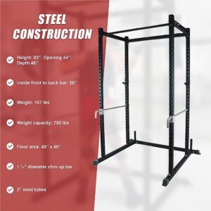 Heavy duty deadlift cage with pull up bar, adjustable safety spotter arms, steel frame construction and high weight capacity for home gym training