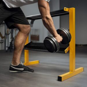 Heavy duty dumbbell rack holding free weights in a modern home gym environment