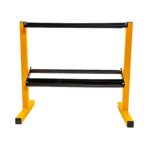 Home gym weight storage rack with durable powder-coated steel construction and dual storage levels