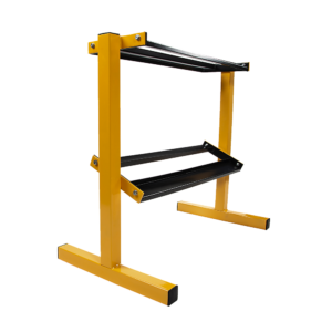 Home gym dumbbell organiser with sturdy steel frame and space-saving two-tier design