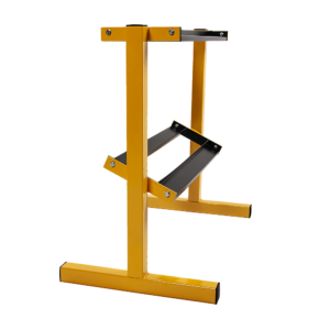 Compact home gym weight rack featuring angled steel shelves for storing multiple pairs of dumbbells
