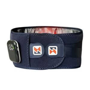 Dark blue wireless heated waist massager with adjustable lumbar support, digital control display, vibration massage, and rechargeable heating therapy for lower back comfort.