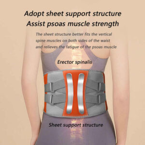 Woman wearing a heated lumbar support belt with reinforced spinal support panels, adjustable compression straps, and ergonomic lower back stabilization design for posture and comfort.
