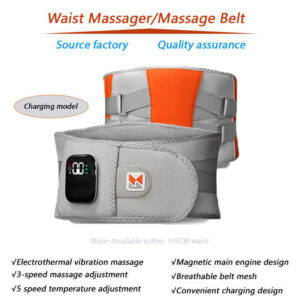 Rechargeable heated waist massager belt with digital display, adjustable vibration massage settings, breathable lumbar support design, and wireless heating therapy for lower back comfort.