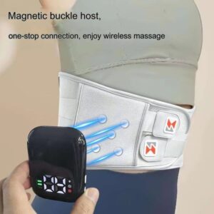 Woman wearing a wireless heated lumbar support belt with magnetic control module, adjustable compression straps, and smart heating massage function for lower back comfort.