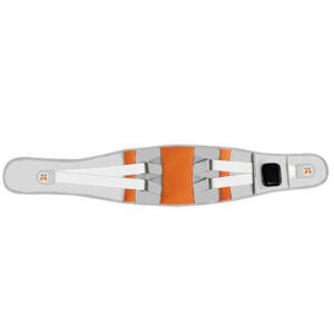 Full-length adjustable heated lumbar support belt with wireless control module, compression straps, and ergonomic lower back support design for everyday comfort and recovery.