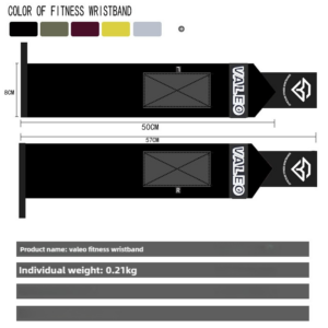 Weight lifting strap dimensions showing 57 centimetre length, 8 centimetre width and product specifications for adjustable wrist support straps