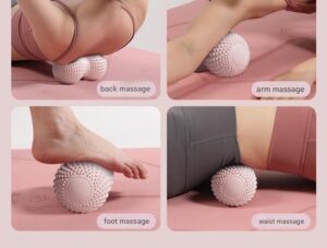 Collage of four close-up images showing a white spiky massage ball being used for different body areas on a pink exercise mat. The top-left image shows back massage with two massage balls under the body, the top-right shows arm massage, the bottom-left shows foot massage with one ball under the foot, and the bottom-right shows waist massage. Each section is labeled with text including “back massage,” “arm massage,” “foot massage,” and “waist massage,” demonstrating versatile use for muscle relief and trigger point therapy.