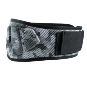 Grey camouflage weightlifting belt with adjustable fastening and padded lumbar support designed for squats, deadlifts, strength training, and gym stability support.