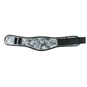 Flat lay view of a grey camouflage weightlifting belt with wide lumbar support panel, adjustable hook-and-loop strap, and reinforced gym support design.