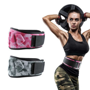 Female athlete wearing a camouflage weightlifting belt during strength training beside pink and grey camouflage gym belts with lumbar support and adjustable fit.