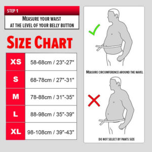 Size chart for grey camouflage weightlifting belt showing waist measurement ranges from XS to XL and instructions for measuring around the belly button for correct fit.