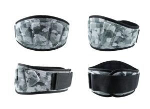 Multiple angle view of a grey camouflage weightlifting belt showing adjustable straps, breathable mesh material, and padded lumbar support for gym and strength training use.