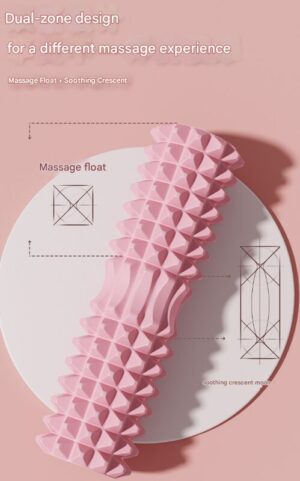 Pink foam massage roller displayed diagonally against a soft pink background with circular design accents. The roller features a dual-zone surface with raised geometric “wolf fang” textures and smoother contoured sections for varied massage intensity. On-image labels point to different areas, including “massage float” and “soothing crescent moon,” highlighting targeted pressure and comfort zones. Visible text reads “Dual-zone design for a different massage experience – Massage float + Soothing Crescent,” emphasizing its multi-textured design for customized muscle relief.