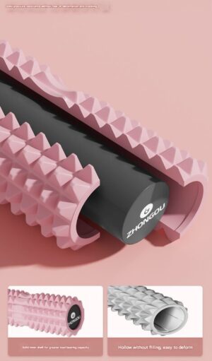 Close-up of a pink textured foam massage roller partially cut to reveal a solid black inner core, emphasizing its high-density construction. The roller features a raised geometric surface for deep tissue massage. The background is soft pink. At the bottom, two comparison images show a solid inner shaft labeled “Solid inner shaft for greater load bearing capacity” and a hollow roller labeled “Hollow without filling, easy to deform.” Faint text at the top highlights pressure resistance and durability without deformation or cracking.