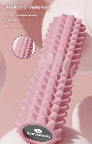 Pink foam massage roller with a raised geometric “wolf fang” textured surface, displayed at an angle against a soft pink background with circular shapes. The roller features deep ridges designed to simulate fingertip pressure for deep tissue massage. A close-up inset highlights the texture pattern, and visible text reads “3D Wolf Fang Floating Point – Simulate fingertip arc pressing, Uniform force, Deep into the texture,” emphasizing even pressure distribution and effective muscle relief.
