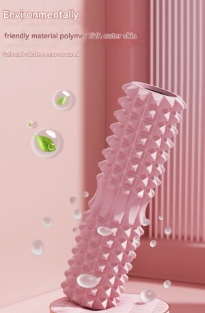 Pink textured massage roller with a geometric raised surface pattern, displayed upright against a soft pink background with vertical ridges. Water droplets and leaf graphics surround the roller, emphasizing eco-friendly materials. Visible text reads “Environmentally friendly material polymer EVA outer skin” and “Safe and odorless, more assured,” highlighting the durable, non-toxic construction.