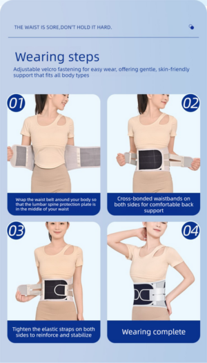 Step-by-step guide showing how to wear a size M lumbar support belt with adjustable compression straps for lower back support, posture correction, and waist stabilisation.