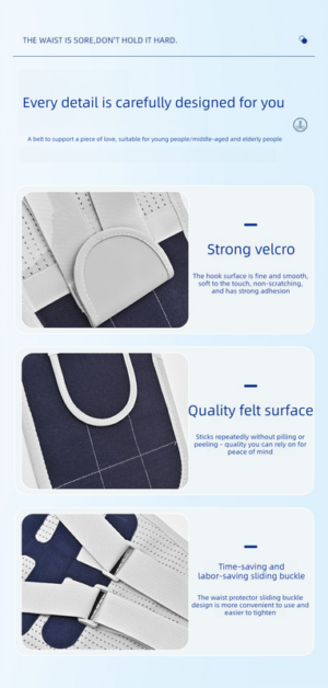 Close-up details of a size M lumbar support belt showing strong Velcro fastening, breathable mesh fabric, reinforced felt support surface, and adjustable compression buckle system for lower back support and posture correction.