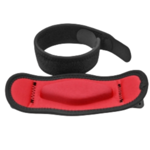 Red and black shock absorbing elbow brace with adjustable compression strap and padded support designed for sports training, tendon comfort, and everyday elbow stability.