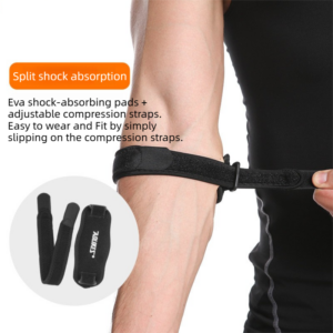 Close-up of a padded tennis elbow strap with adjustable compression support and EVA shock-absorbing padding designed for sports training, tendon relief, and elbow stability.