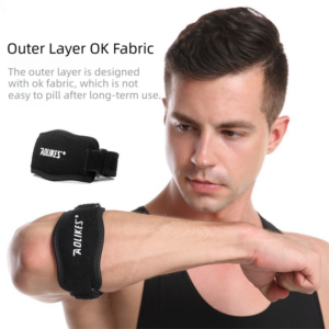 Man wearing an adjustable elbow support strap with padded compression support designed for training, sports recovery, tendon support, and repetitive movement activities.
