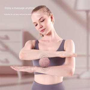 Woman using a textured spiky massage ball for muscle relaxation, trigger point therapy and portable recovery support at home or on the go