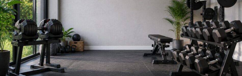 Adjustable dumbbells and fixed dumbbells displayed in a modern home gym for strength training comparison