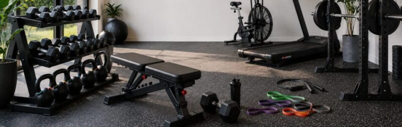 Selection of fitness equipment including dumbbells, resistance bands and cardio equipment arranged in a modern home gym