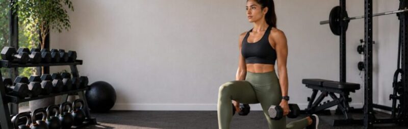 Beginner performing strength training exercises with dumbbells in a modern gym environment