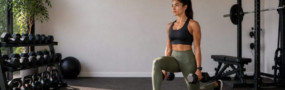 Beginner performing strength training exercises with dumbbells in a modern gym environment