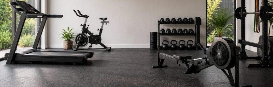 Modern home gym featuring cardio equipment including treadmill, exercise bike and rowing machine