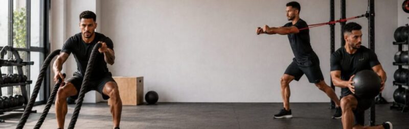 Adult performing functional training exercises using resistance equipment in a modern fitness environment
