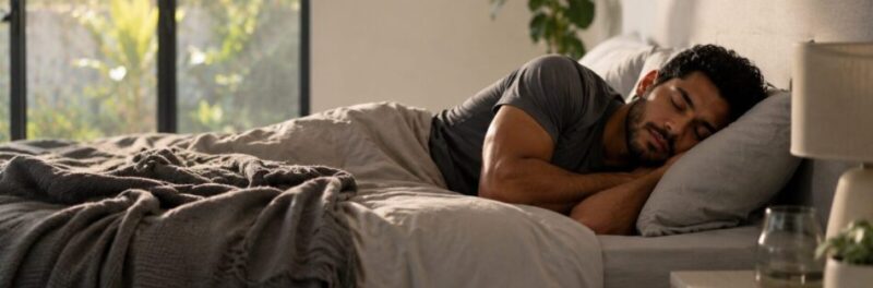 Adult resting peacefully in a modern bedroom designed to support sleep and recovery