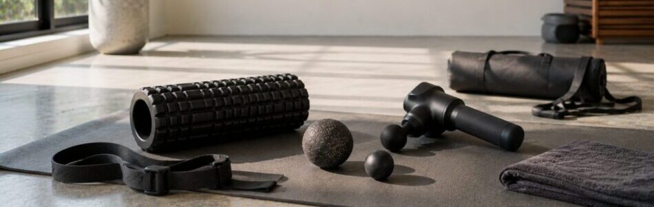 Modern home recovery setup featuring foam roller massage gun and recovery equipment