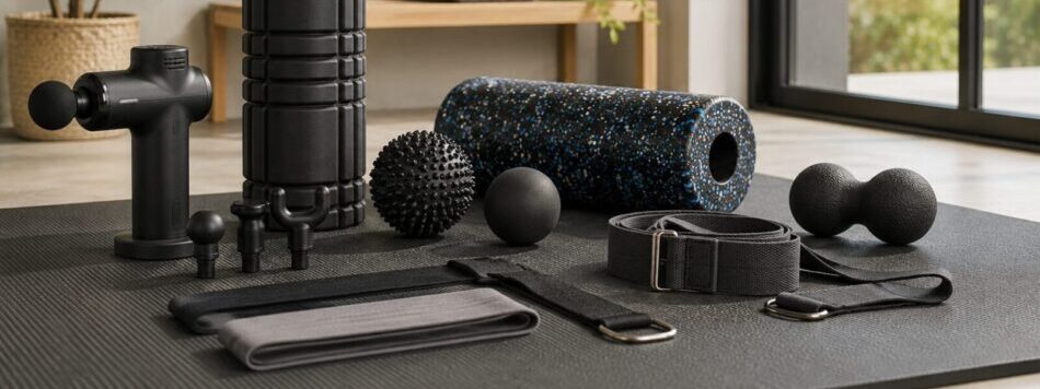 Collection of muscle recovery tools including foam rollers, massage gun, massage balls and stretching straps in a modern home recovery space