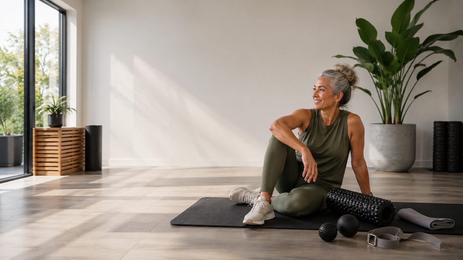 Mature adult relaxing after exercise with a foam roller, mobility tools and stretching equipment in a modern home recovery space